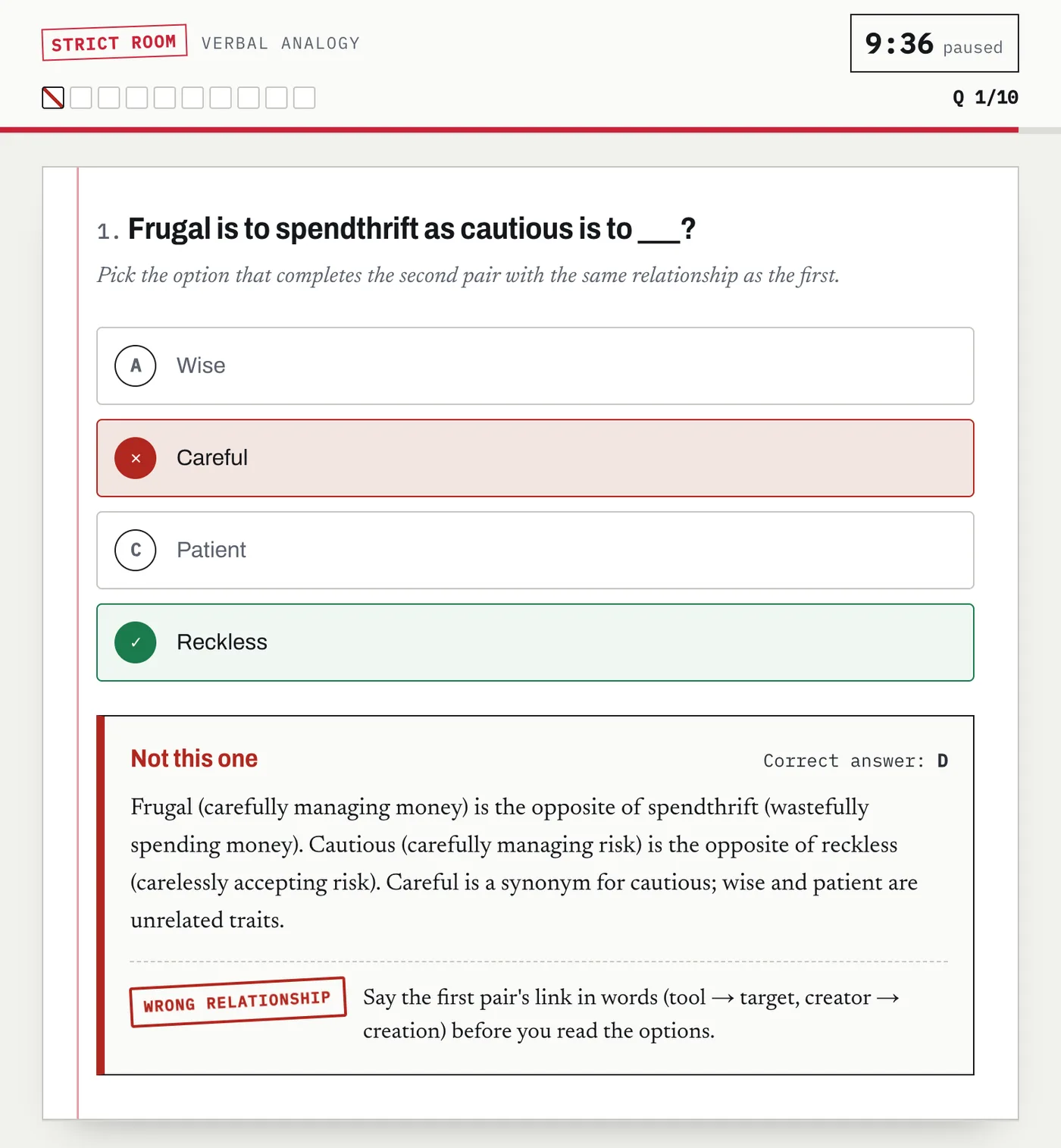 DrillCase Bain-style verbal reasoning question after submitting: the wrong choice marked red, the correct answer marked green and a worked explanation underneath