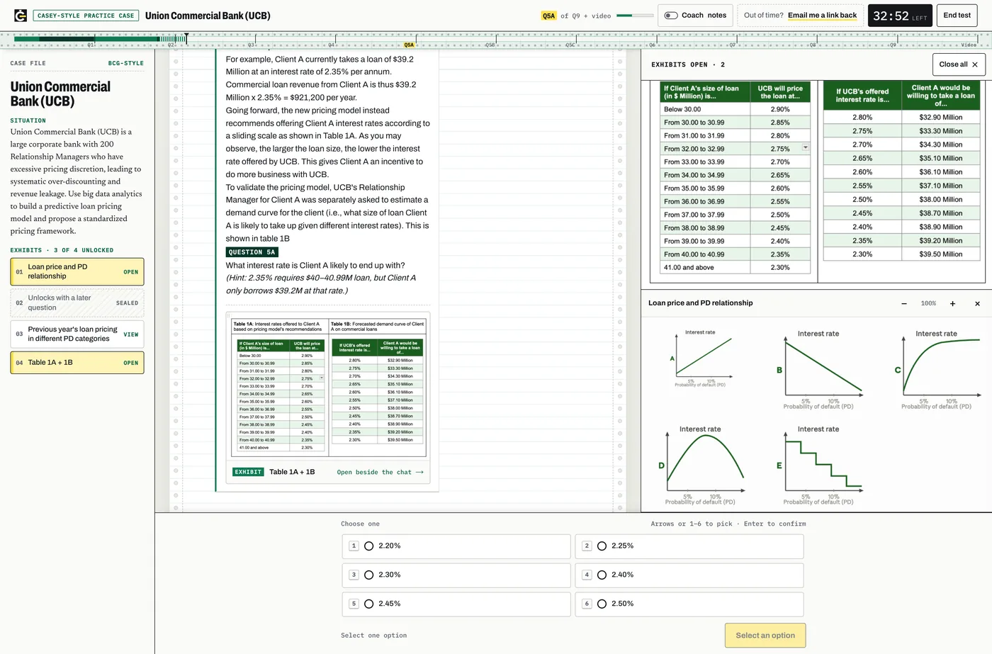 DrillCase BCG Casey-style demo case: the chat asks Question 5A about Union Commercial Bank while two exhibits, a loan pricing table and five interest-rate curves, are open on the right