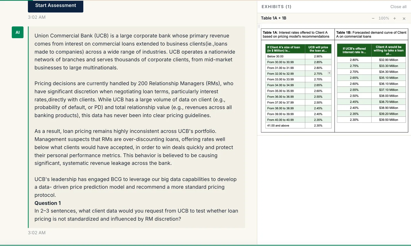 DrillCase BCG Casey-style demo case: the chatbot's first question about Union Commercial Bank beside an open loan pricing table exhibit