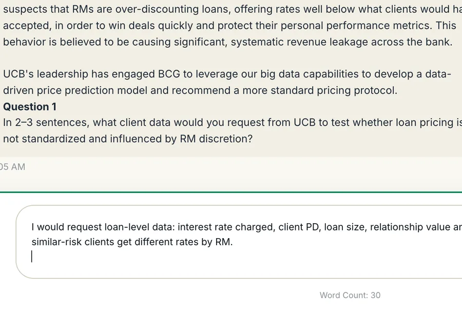 The demo case's first question asking what client data to request, with a typed answer in the response box before sending