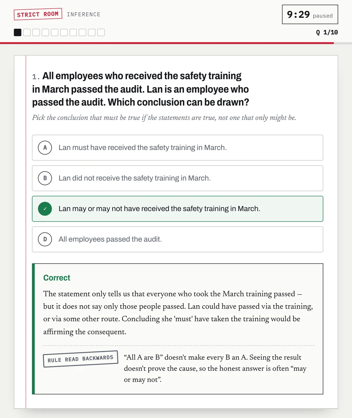 DrillCase logic question answered correctly, with an explanation that concluding 'must' would be affirming the consequent