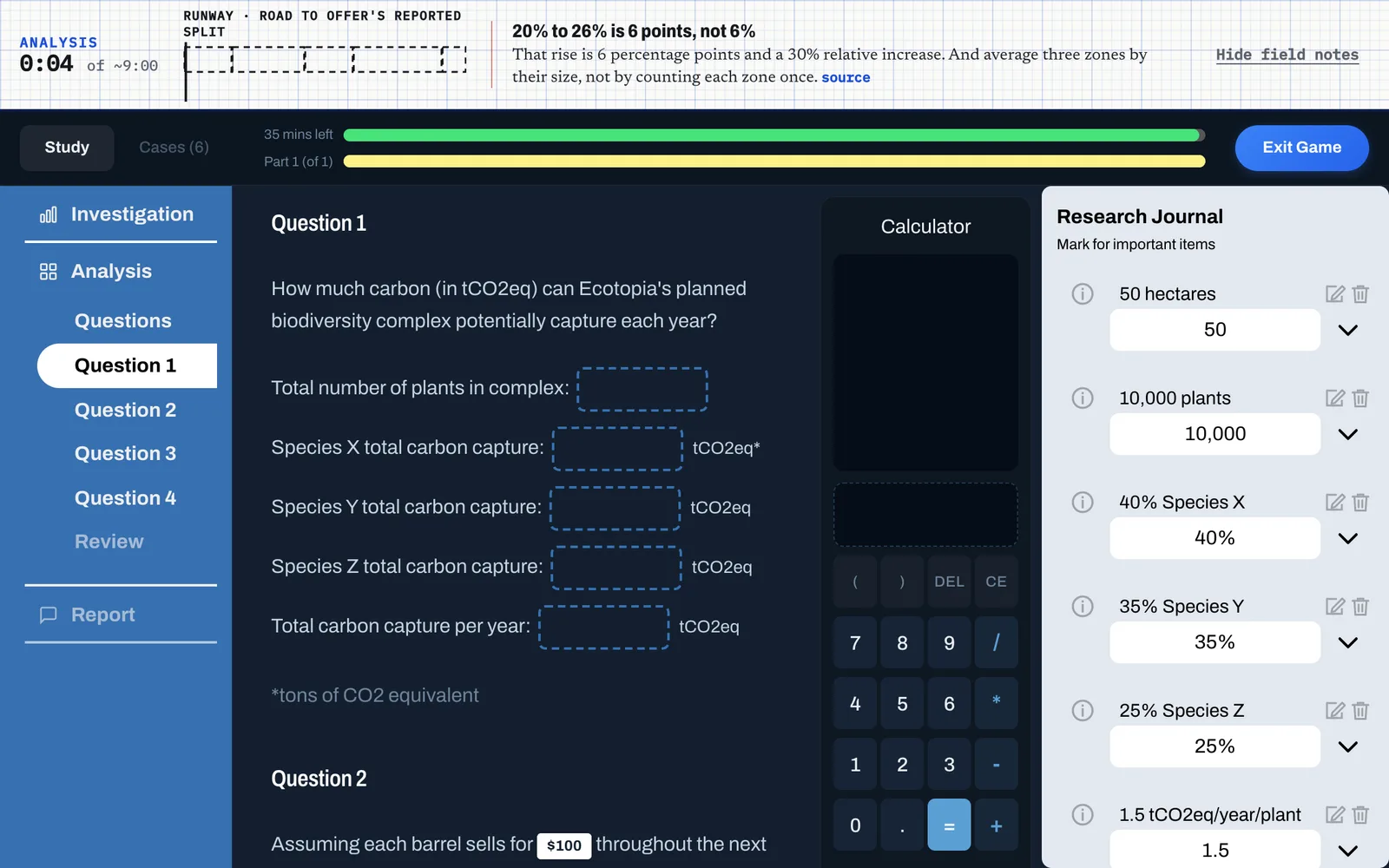 DrillCase Redrock analysis phase: Question 1 input boxes, the on-screen calculator and the saved Research Journal entries