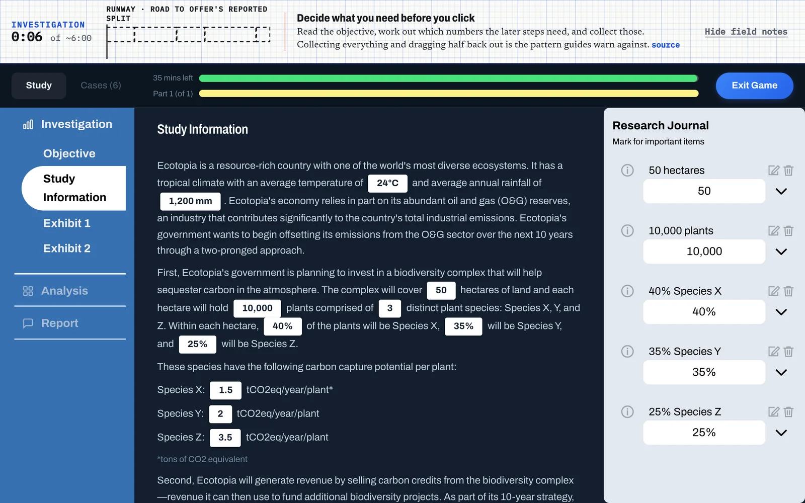 DrillCase Redrock study screen: the field-notes runway above the 35-minute clock, Ecotopia study information with clickable figures, and five figures saved into the Research Journal on the right