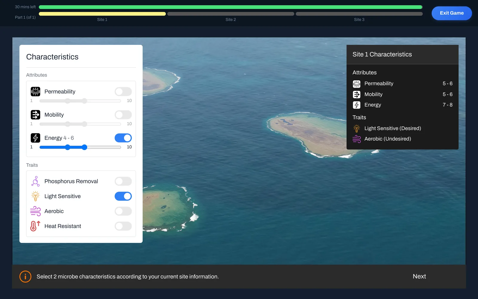 DrillCase Sea Wolf screen: microbe characteristic toggles on the left and the Site 1 target attributes over an aerial view of islands