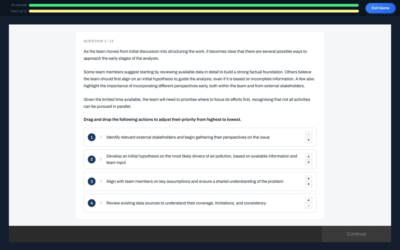 DrillCase Sustainable Futures Lab screen: question 1 of 13 asking you to rank four actions for an urban air quality project