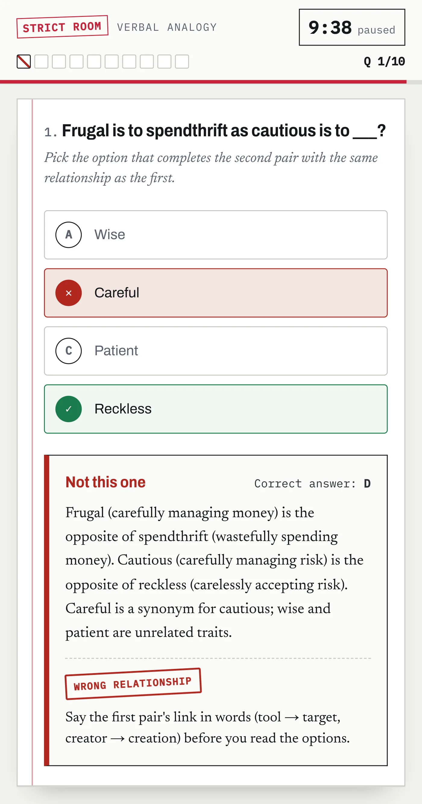 DrillCase Bain-style verbal reasoning question after submitting: the wrong choice marked red, the correct answer marked green and a worked explanation underneath