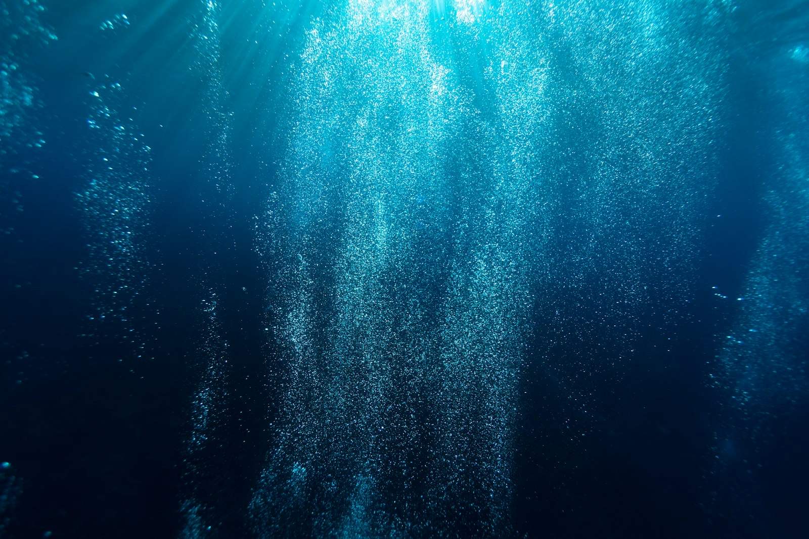 Columns of tiny bubbles rising through deep blue ocean water toward shafts of sunlight