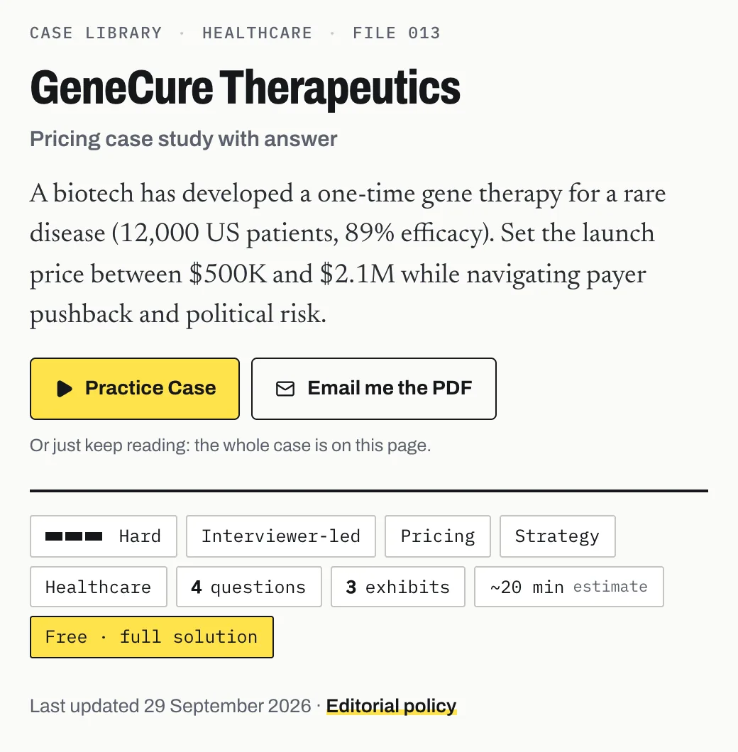 DrillCase free case library: a pricing case with difficulty, type, function and sector tags, a Practice Case button and an Email me the PDF button
