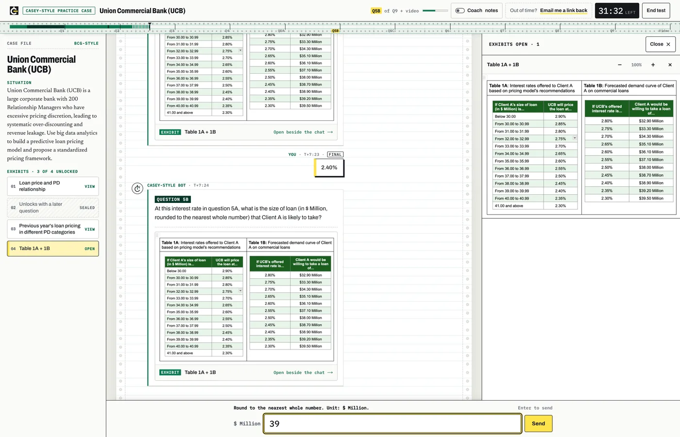 DrillCase chatbot-case simulator: the case file on the left, a numeric question in the chat panel, with a loan-pricing table exhibit open on the right