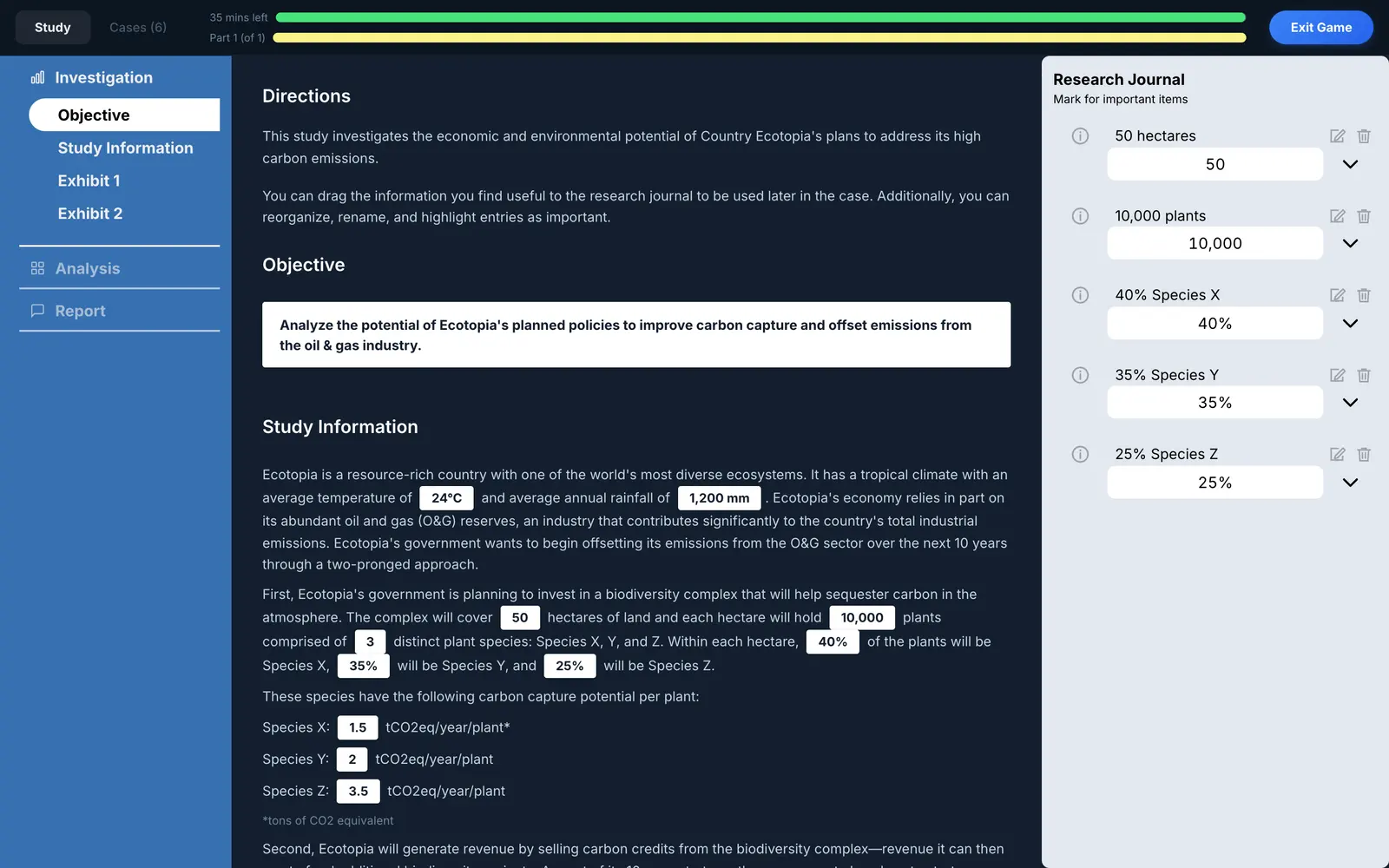 DrillCase Redrock study screen: Ecotopia directions and objective on the left, study figures saved into the Research Journal on the right