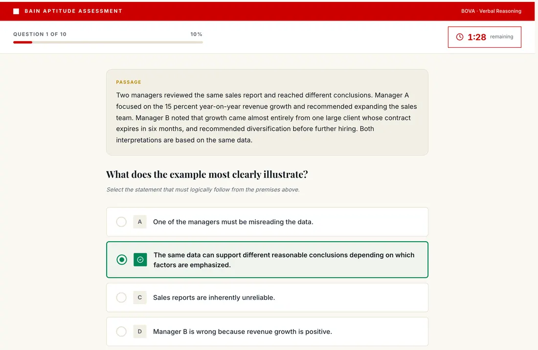 DrillCase aptitude practice: a timed verbal reasoning question with a passage, four options and a per-question countdown