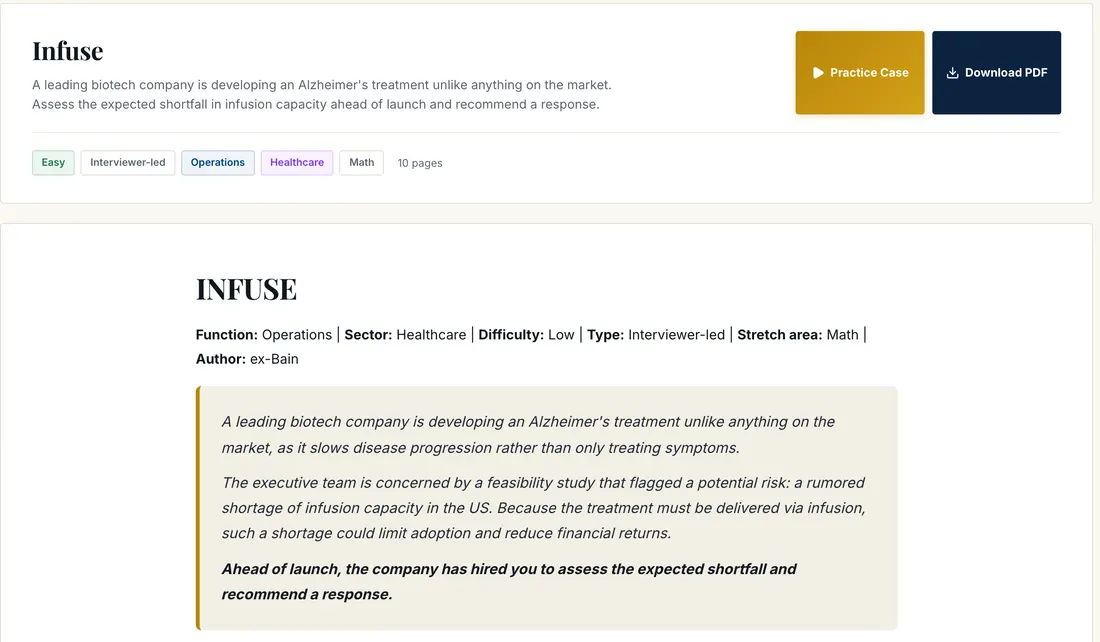 A case from the free DrillCase case library with difficulty, type and sector tags, a Practice Case button and a PDF download