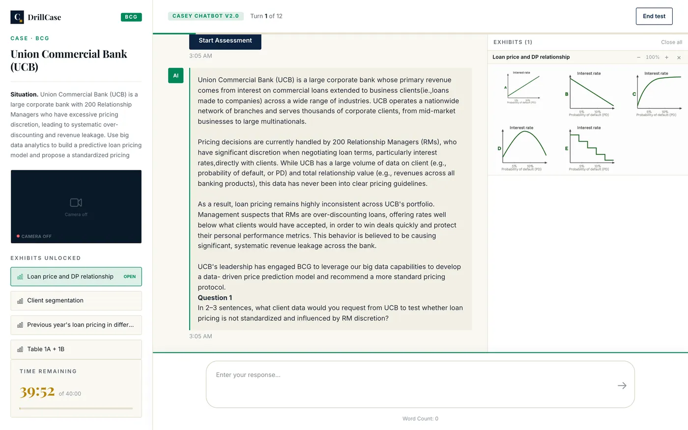 DrillCase Casey-style chatbot case: the case brief and question 1 in the chat panel, with a loan-pricing exhibit open on the right and a 40-minute timer